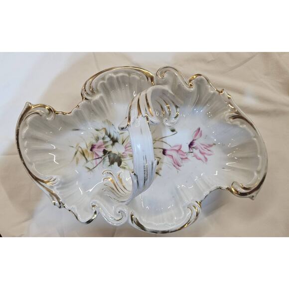 Vintage Double-Sided Bowl with Handle Silesian ceramic, Pink Orchids Flowers - Picture 3 of 10